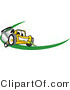 Vector Illustration of a Yellow Cartoon Lawn Mower Mascot Facing Front on a Logo or Nametag with a Green Dash by Mascot Junction