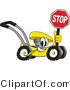 Vector Illustration of a Yellow Cartoon Lawn Mower Mascot Holding a Stop Sign by Mascot Junction