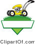 Vector Illustration of a Yellow Cartoon Lawn Mower Mascot Mowing Grass over a Blank White Label by Mascot Junction
