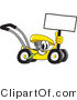 Vector Illustration of a Yellow Cartoon Lawn Mower Mascot Passing by and Holding a Blank Sign by Mascot Junction