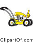Vector Illustration of a Yellow Cartoon Lawn Mower Mascot Passing by and Pointing Upwards by Mascot Junction