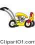 Vector Illustration of a Yellow Cartoon Lawn Mower Mascot Passing by with a Red Telephone by Mascot Junction