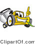 Vector Illustration of a Yellow Cartoon Lawn Mower Mascot Pointing Upwards by Mascot Junction