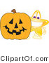 Vector Illustration of a Yellow Cartoon Star Mascot Standing by a Halloween Pumpkin by Mascot Junction