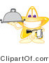 Vector Illustration of a Yellow Cartoon Star Mascot Waiter Serving a Platter by Mascot Junction