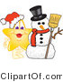 Vector Illustration of a Yellow Cartoon Star Mascot with a Snowman by Mascot Junction