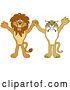 Vector Illustration of Cartoon Lion and Bobcat Mascots Holding Hands and Cheering, Symbolizing Sportsmanship by Mascot Junction