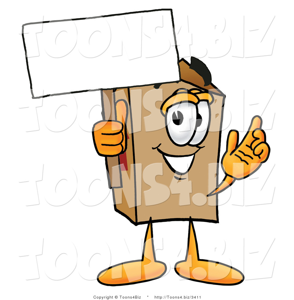 Illustration of a Cartoon Packing Box Mascot Holding a Blank Sign by