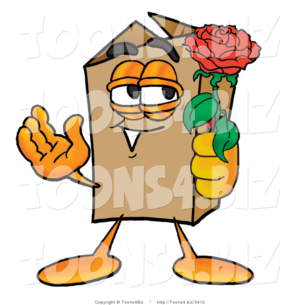 Illustration of a Cartoon Packing Box Mascot Holding a Red Rose on