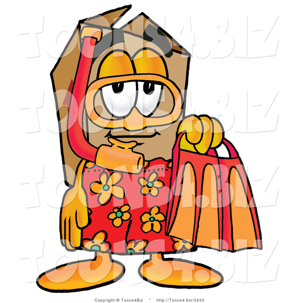 Illustration of a Cartoon Packing Box Mascot in Orange and Red Snorkel