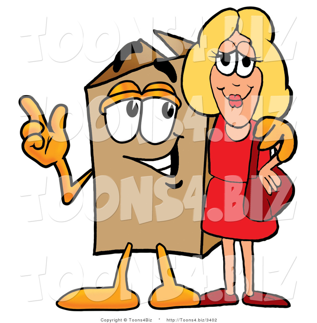 Illustration of a Cartoon Packing Box Mascot Talking to a Pretty Blond