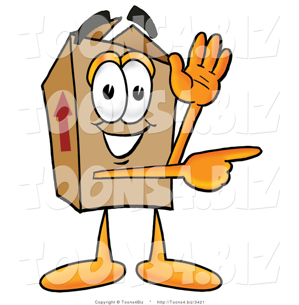 Illustration of a Cartoon Packing Box Mascot Waving and Pointing by