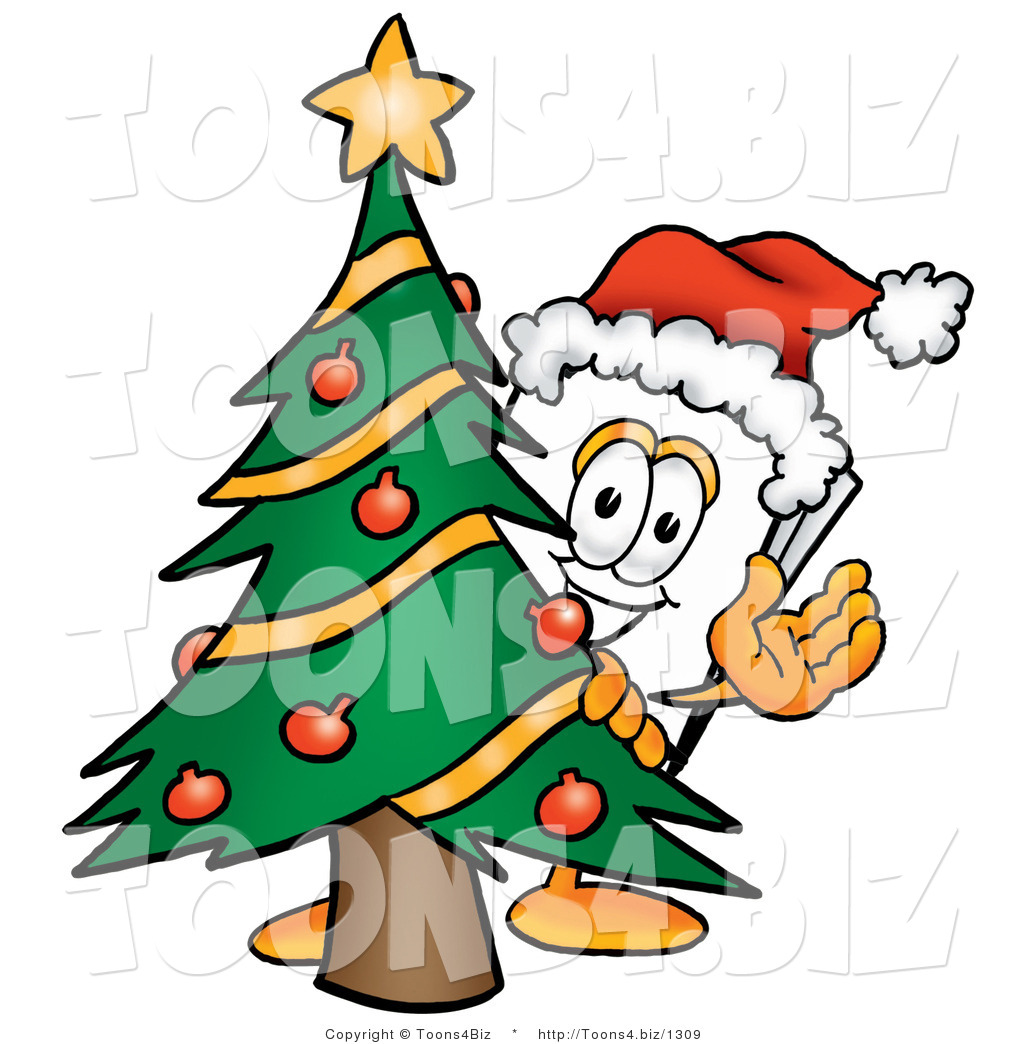 Illustration of a Cartoon Paper Mascot Waving and Standing by a Decorated Christmas Tree by