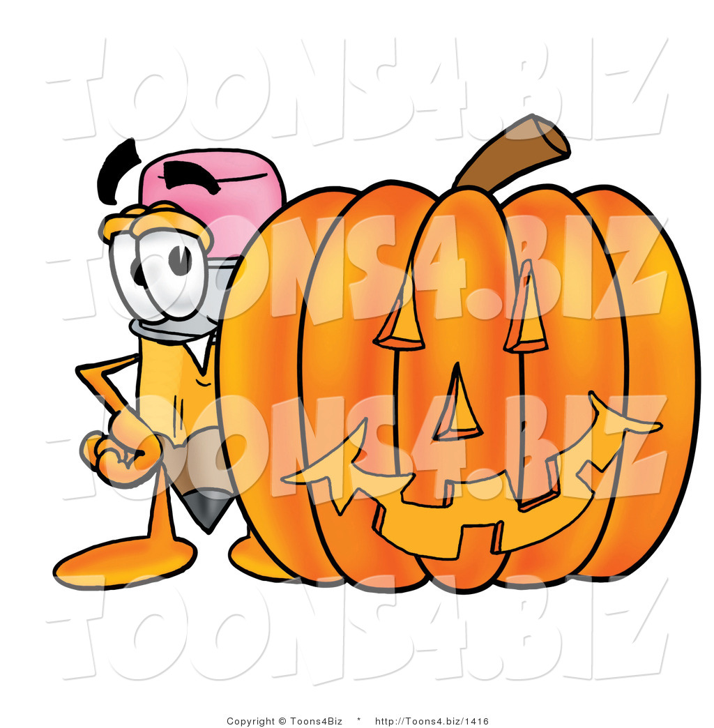 Illustration of a Cartoon Pencil Mascot with a Carved Halloween Pumpkin