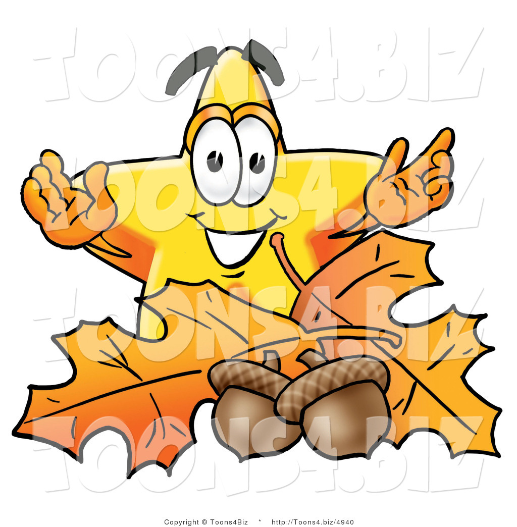 Illustration of a Cartoon Star Mascot with Autumn Leaves and Acorns in