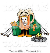 Illustration of a Beer Mug Mascot Camping with a Tent and Fire by Mascot Junction