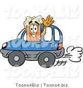 Illustration of a Beer Mug Mascot Driving a Blue Car and Waving by Mascot Junction