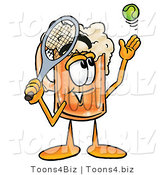 Illustration of a Beer Mug Mascot Preparing to Hit a Tennis Ball by Mascot Junction