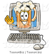 Illustration of a Beer Mug Mascot Waving from Inside a Computer Screen by Toons4Biz