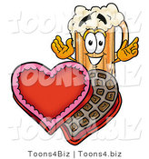 Illustration of a Beer Mug Mascot with an Open Box of Valentines Day Chocolate Candies by Mascot Junction