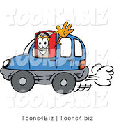 Illustration of a Book Mascot Driving a Blue Car and Waving by Mascot Junction