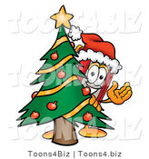 Illustration of a Book Mascot Waving and Standing by a Decorated Christmas Tree by Mascot Junction