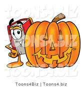 Illustration of a Book Mascot with a Carved Halloween Pumpkin by Mascot Junction