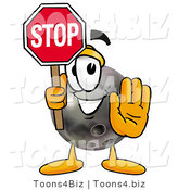 Illustration of a Bowling Ball Mascot Holding a Stop Sign by Mascot Junction