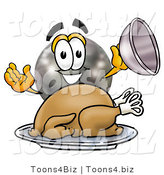 Illustration of a Bowling Ball Mascot Serving a Thanksgiving Turkey on a Platter by Mascot Junction
