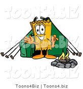 Illustration of a Cartoon Admission Ticket Mascot Camping with a Tent and Fire by Mascot Junction