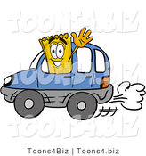 Illustration of a Cartoon Admission Ticket Mascot Driving a Blue Car and Waving by Mascot Junction