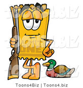 Illustration of a Cartoon Admission Ticket Mascot Duck Hunting, Standing with a Rifle and Duck by Mascot Junction