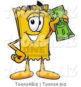 Illustration of a Cartoon Admission Ticket Mascot Holding a Dollar Bill by Mascot Junction