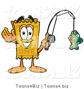 Illustration of a Cartoon Admission Ticket Mascot Holding a Fish on a Fishing Pole by Toons4Biz