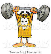 Illustration of a Cartoon Admission Ticket Mascot Holding a Heavy Barbell Above His Head by Mascot Junction