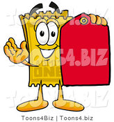 Illustration of a Cartoon Admission Ticket Mascot Holding a Yellow Sales Price Tag by Mascot Junction