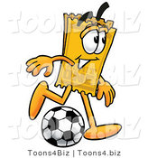 Illustration of a Cartoon Admission Ticket Mascot Kicking a Soccer Ball by Mascot Junction