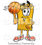 Illustration of a Cartoon Admission Ticket Mascot Spinning a Basketball on His Finger by Mascot Junction