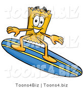 Illustration of a Cartoon Admission Ticket Mascot Surfing on a Blue and Yellow Surfboard by Mascot Junction