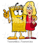 Illustration of a Cartoon Admission Ticket Mascot Talking to a Pretty Blond Woman by Mascot Junction