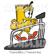 Illustration of a Cartoon Admission Ticket Mascot Walking on a Treadmill in a Fitness Gym by Mascot Junction