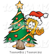 Illustration of a Cartoon Admission Ticket Mascot Waving and Standing by a Decorated Christmas Tree by Mascot Junction