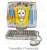Illustration of a Cartoon Admission Ticket Mascot Waving from Inside a Computer Screen by Toons4Biz