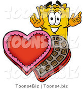 Illustration of a Cartoon Admission Ticket Mascot with an Open Box of Valentines Day Chocolate Candies by Toons4Biz
