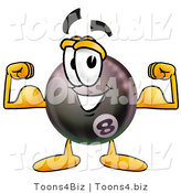 Illustration of a Cartoon Billiard 8 Ball Masco Flexing His Arm Muscles by Mascot Junction