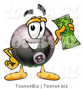 Illustration of a Cartoon Billiard 8 Ball Masco Holding a Dollar Bill by Mascot Junction