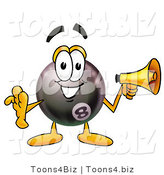 Illustration of a Cartoon Billiard 8 Ball Masco Holding a Megaphone by Mascot Junction