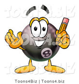 Illustration of a Cartoon Billiard 8 Ball Masco Holding a Pencil by Mascot Junction