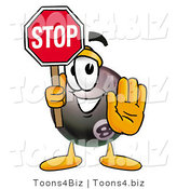 Illustration of a Cartoon Billiard 8 Ball Masco Holding a Stop Sign by Mascot Junction