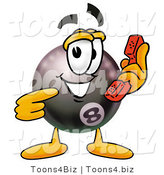 Illustration of a Cartoon Billiard 8 Ball Masco Holding a Telephone by Mascot Junction